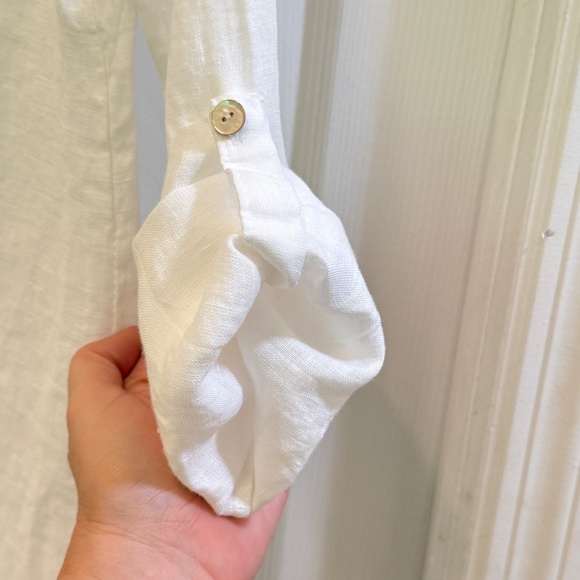 Lungo L'Arno Made in Italy 100% linen white button down tab sleeve shirt - Picture 9 of 11